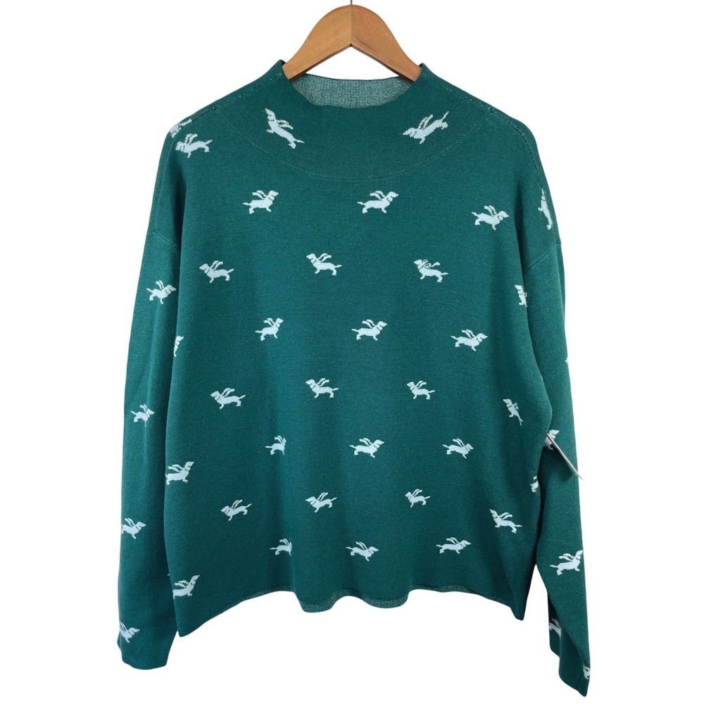 Maeve Anthropologie Flying Dachshund Sweater M Green Carys Preppy Intarsia NWT